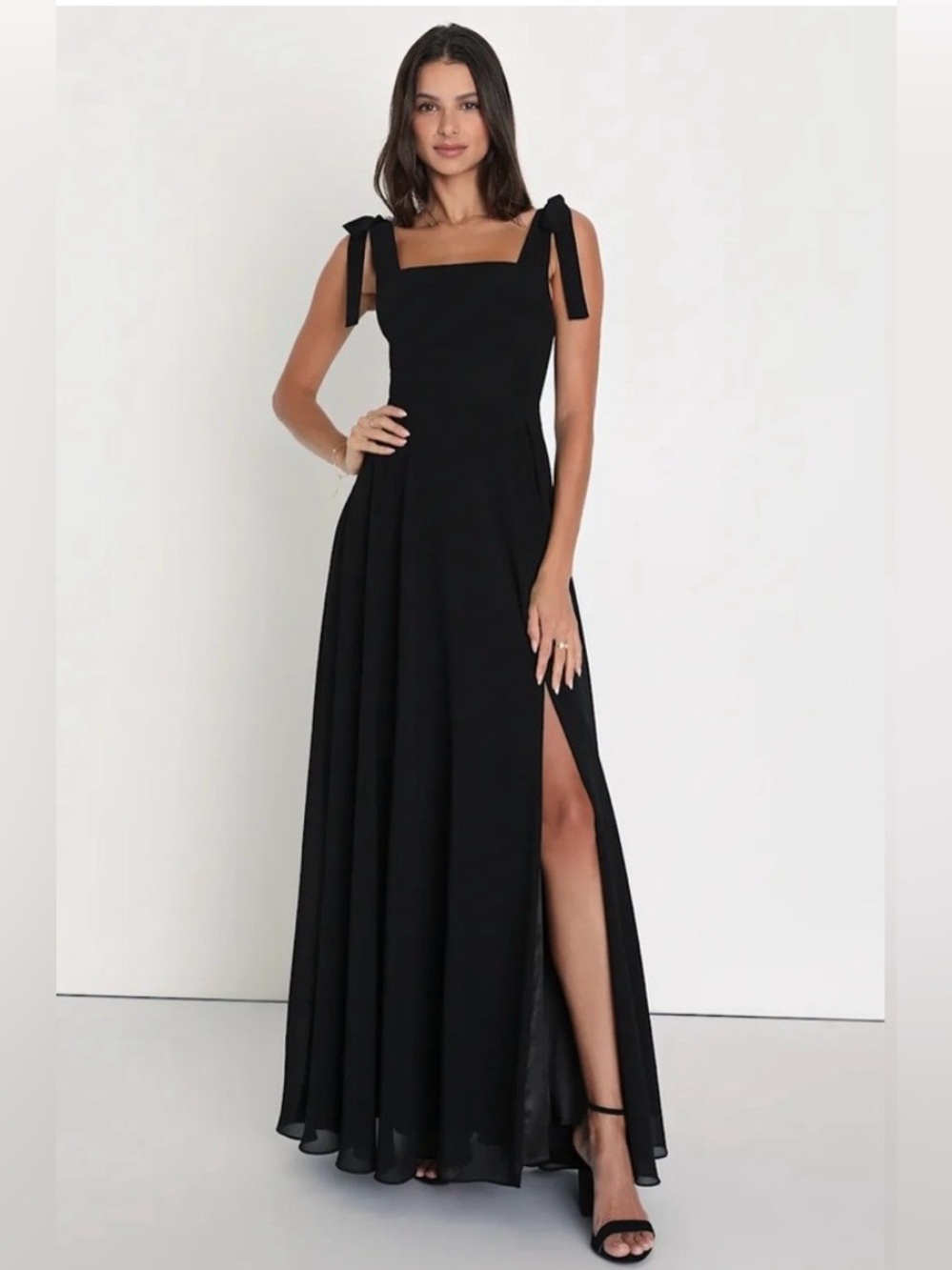 NWT Lulu's Love Me Forever Black Tie-Shoulder Maxi Dress with Front Slit.
